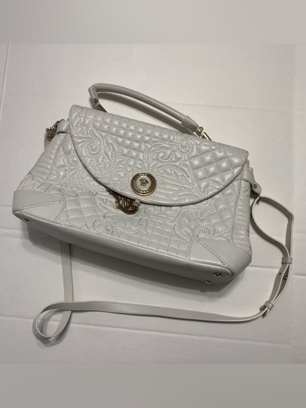 Versace White Vanitas Barocco Quilted Leather Demetra Top Handle Bag with COA